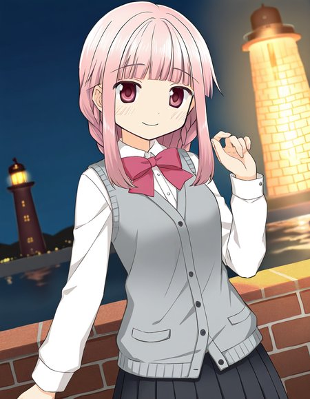 masterpiece, best quality, newest, absurdres, highres, safe, 1girl, tamaki iroha \(casual costume\), magia record: mahou shoujo madoka magica gaiden, white sleeves, solo, smile, hand up, looking at viewer, lighthouse, dutch angle, <lora:20241229074809_tamaki_iroha_noobaiXLNAIXL_vPred10Version:0.7>