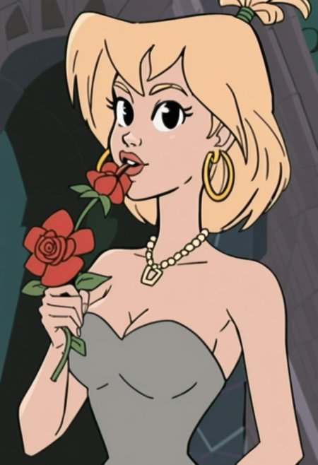 woman, tiffany, kangoo,1girl, jewelry, flower, solo, earrings, blonde hair, dress, necklace, breasts, rose, flower in mouth, red flower, looking at viewer, strapless dress, holding, strapless, upper body, grey dress, petals, medium hair, red rose, mouth hold, holding flower, medium breasts, bare shoulders, black eyes
