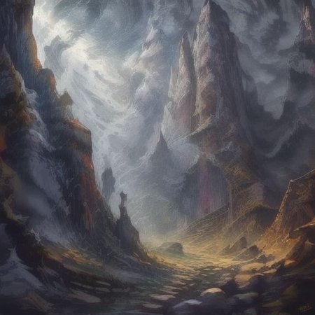 ((Masterpiece)), realistic digital painting of the hall of the mountain, official art,  perfect composition, cinematic lighting, crepuscular rays,
