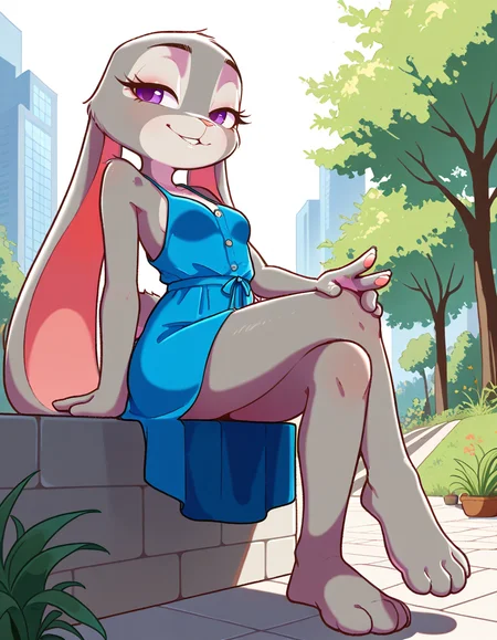 masterpiece, best quality, very aesthetic, absurdres,
outdoors, casual, 
full body, 
seductive smile, parted lips, long eyelashes,
 <lora:Judy_Hopps_v01_NAIXL:1>
Jud7H00ps,1girl,solo,furry,furry female, rabbit girl, rabbit ears,purple eyes,animal nose,body fur,grey fur,rabbit tail,