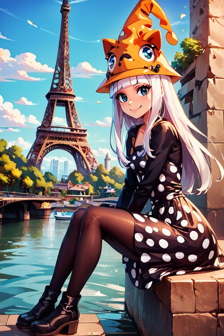 score_9, score_8_up, score_8, medium breasts, (curvy), cute, eyelashes,       BREAK, , zzEruka, black eyes, white hair, blunt bangs, long hair, orange hat, polka dot dress, black dress, black sleeves, pantyhose,    <lora:ErukaFrog_SoulEater_PDXL_v2:1.0>, , BREAK, zzEiffelTower in background, sitting, watercraft, boat, sitting on wall, side view, looking at viewer, smile, ,,, BREAK, blooming stars, luminescent petals, otherworldly fragrance blurry background, ,,, embedding:zPDXL, Expressiveh, ,,, <lora:EiffelTowerPDXL:1.0>, <lora:CatalystStylePDXL:0.6>, <lora:SDXLFaeTastic2400:0.5>, <lora:Expressive_H-000001:0.4>,