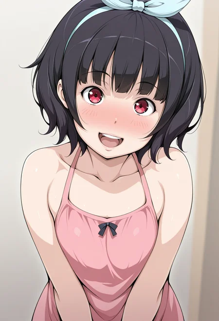 masterpiece, best quality,
 <lora:Charm_Point_-_Magenta_Rose:1> S4s4k1Nsfw, 1girl, solo, black hair, short hair, open mouth, blush, red eyes, hairband, smile, looking at viewer
