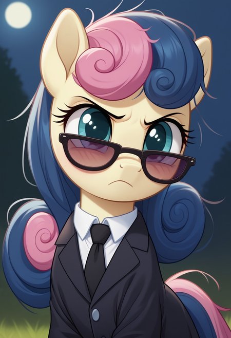 score_9, score_8_up, score_7_up, score_6_up, score_5_up, score_4_up, pony, feral pony, ((anatomically correct)), g4, Sweetie Drops, black coat, white blouse, black tie, sunglasses, angry, serious fae, messy mane, look at you, night, beautiful, detailed, (detailed cute pony face), detailed fur, beautiful, vector, flat colors, (beautiful long eyelashes), blushing, filly, foal, foalcon