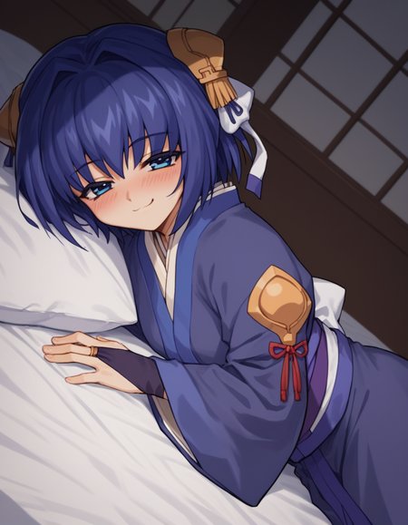 score_9, score_8_up, score_7_up, source_anime, <lora:daiakuji-yume-ova-ponyxl-lora-nochekaiser:1>, yume, short hair, blue eyes, hair ornament, blue hair, hair intakes, ribbon, hair ribbon,, long sleeves, japanese clothes, bridal gauntlets,, indoors, bed, bedroom, on side, blush, drunk, , smug, hands on own hip,, looking at viewer, solo,, dutch angle, cowboy shot