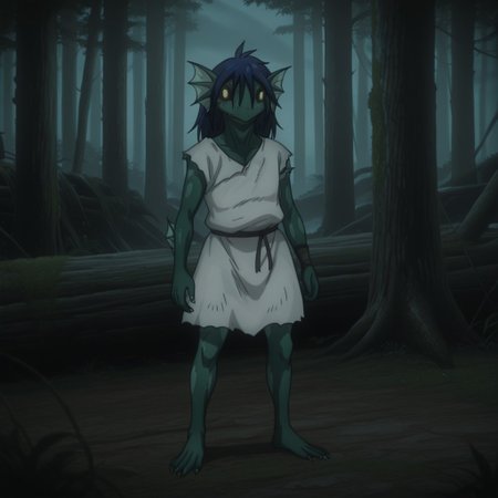 masterpiece, best quality, amazing quality, FishmanslfIL, anthro, green skin, blue hair, head fins, black sclera, yellow eyes, torn clothes, white tunic, standing, in a forest, full body