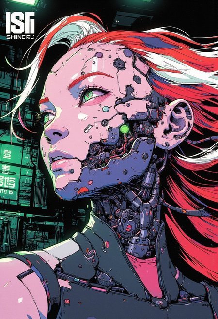 <lora:ck-Goro-Fujita:1>, digital artwork in the style of ckgf, A mesmerizing close-up portrait of an alien woman, her striking features blending extraterrestrial elegance with subtle mechanical elements. Her skin has a smooth, otherworldly texture, adorned with small, organic patterns. Her long, wavy hair cascades around her face, but in the Virtualboy-style palette of red, white, and black. Mechanical elements are seamlessly integrated into her face and neck—sharp, angular pieces emerge like delicate circuitry. The chiaroscuro-inspired lighting brings deep contrast, with bold shadows enhancing her alien beauty. The background features a cyberpunk workshop, and the limited palette emphasize the alien and mechanical features, while a soft green glow outlines parts of her face and hair, creating a futuristic yet nostalgic visual reminiscent of early handheld gaming
<lora:ck-nc-pastel-cyberpunk:0.3>
<lora:ck-MetalGearSolid:0.25>
<lora:RetroAnimeFluxV1:0.25>