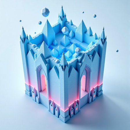 M1CR0CUB3D, aidmafluxpro1.1, A cubed cathedral grown entirely from blue ice spires, ringing with resonant tones in the wind. Crystalline bells hover midair, held aloft by harmony. Below, an acoustic resonance chamber forms the base, lit by auroral refractions. Palette: glacier blues, pastel pinks, and pure white. Style: frozen fantasy minimalism, refracted lighting, ethereal tone.
