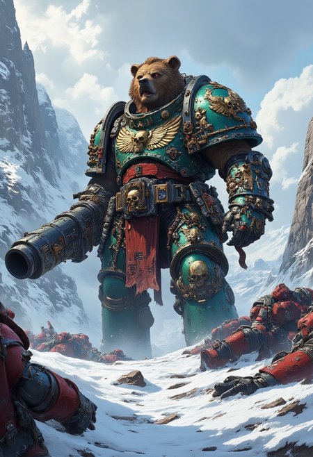 ((Dark fantasy art)) 
The image depicts a massive, humanoid bear standing in a snowy battlefield. The bear is dressed in dark fantasy armor and adorned with skulls, chains, and furs. holding large cannon Its imposing size and fierce expression suggest a dominant warrior. Surrounding the bear are fallen soldiers and debris, giving the impression of a fierce battle. Snow-covered mountains and a cold, stormy sky form the background, enhancing the dark, brutal atmosphere of the scene.