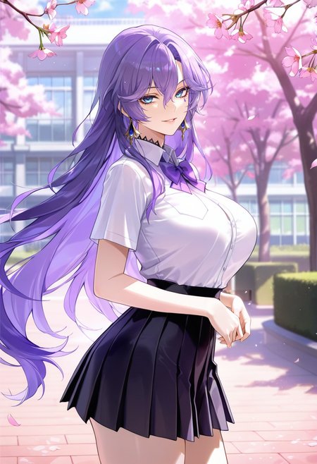 masterpiece, best quality, amazing quality,cantarella, blue eyes, purple hair, hair between eyes, purple under eye one facial mark,1girl, long hair, breasts, solo, large breasts,school uniform,pleated skirt,white shirt, black skirt, purple bow,short sleeves, parted lips, light smile, standing, looking at viewer, cowboy shot, blurry background, outdoors, school, cherry blossoms  <lora:cantarellaV1:0.8>