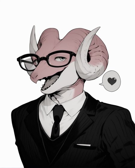 core_9, score_8_up, score_7_up, score_6_up, score_5_up, score_4_up,
(Masterpiece), (Best Quality), (Hi Res),
source_furry,
<1boy:1.5>,
<solo:1.5>,
<pink skin:1.5>,
<pink body:1.5>,
vincent_falnail, falchan, greyscale, monochrome, 1boy, blank speech bubble, male focus, solo, glasses, speech bubble, horns, furry male, furry, open mouth, teeth, simple background, white background,form,suit,tie,
<simple background:1.5>,
<white  background:1.5>,
<lora:Vincent_Falnail:1> vincent_falnail <lora:90s4n1m3XLP:1> 90s4n1m3, happy,
smile,
teeth,
tongue