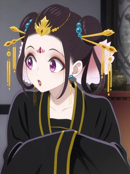<lora:Ryuu_Jusetsu_v6:0.8>, ryuu jusetsu, 1girl, solo, purple eyes, red eyeshadow, red lips, forehead mark, black hair, hair rings, double bun, sidelocks, hair flower, hair beads, kanzashi, earrings, black kimono, gold trim, long sleeves, curious, raised eyebrows, :o, sitting, knees up, hugging own legs, sleeves past fingers, turning head, upper body, looking to the side, indoors, white wall, east asian architecture