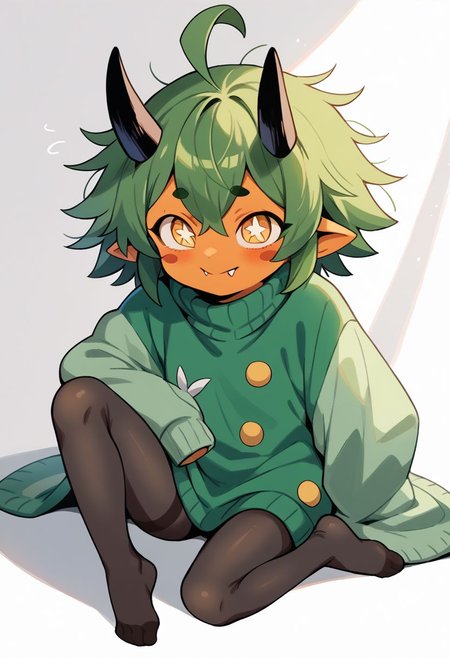 score_9, score_8_up, score_7_up, score_6_up, score_5_up, score_4_up, BREAK, source_cartoon, source_anime,
1girl, solo, (teal, green poncho, green dress, black pantyhose, ribbed tights, no shoes)
((sweater-dress)), (((pantyhose))), ((no-shoes)), ((messy-hair)), <lora:OgerXL-15:0.75> ogerpon, fangs, personification, green hair, messy hair, short hair, ahoge, black horns, blush stickers, yellow eyes, colored skin, orange skin, pointed ears, oni, little girl, flat chest