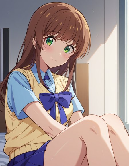 score_9, score_8_up, score_7_up, source_anime, uncensored, <lora:StS_detail_slider_v1:3>, zPDXLxxx, <lora:Shiori_Sakurazaka_PONYXL_VexVexX:1>, ShioriSakurazaka, green eyes, brown hair, long hair, bangs, medium breasts, school uniform, blue skirt, blue shirt, short sleeves, collared shirt, blue bowtie, sweater vest, yellow vest, cowboy shot, bedroom, from back, Curled up on one side with knees drawn towards the chest and arms wrapped around the legs, thighs, looking at viewer, smile,