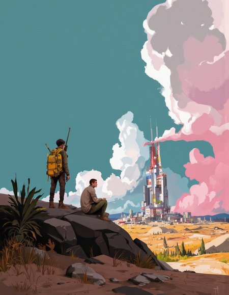 Art by Ismail Inceoglu. A digital illustration shoot from a far camera angle about a futuristic landscape with a distant city under a large, stormy sky. the scene is set in a desert-like environment with rocky terrain and sparse vegetation. on the left of the image, a young man stands on a rocky outcrop, facing away from the viewer, wearing a yellow backpack and holding a rifle. he appears to be in his late teens or early twenties, with a serious expression on his face. to his right, another young man is sitting on the rock, looking out at the distant cityscape. in the background, a tall, futuristic building stands amidst the clouds, which are filled with fluffy white clouds. the sky is a mix of teal and pink hues, giving the scene a vibrant and dynamic feel.