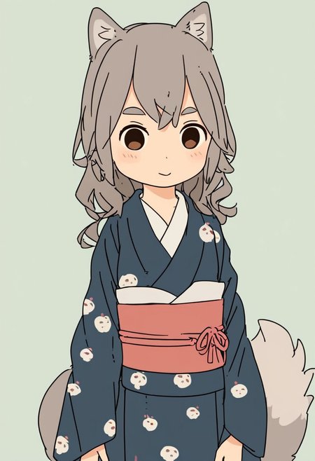 furry,by yagi the goat,human girl,Wolf ears,Wolf tail,Grey Tail,Grey ears,grey hair,Human skin,long hair,Short stature,Skinny body,solo,Short stature,Skinny body,score_9,score_8_up,score_7_up,(cute expression, cute face:1.1),simple background,looking at viewer,blush,early teen,print_kimono,furisode,obi,sash,flat chest,<lora:Yagi_the_Goat_ai:1>,fox tail,