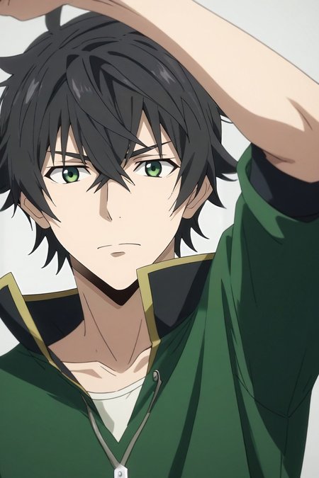 score_9, score_8_up, score_7_up, source_anime, rating_safe, , semi-realistic, , depth of field, 1boy, solo, male focus, <lora:naofumi_iwatani_pony:0.96>, naofumi_iwatani, black hair, green eyes, short hair, hair between eyes, bangs, wide angle, wide shot, cowboy shot, venice, gondola ride, noon, arm up, wavy mouth, , <lora:sdxl_lightning_8step_lora:1>