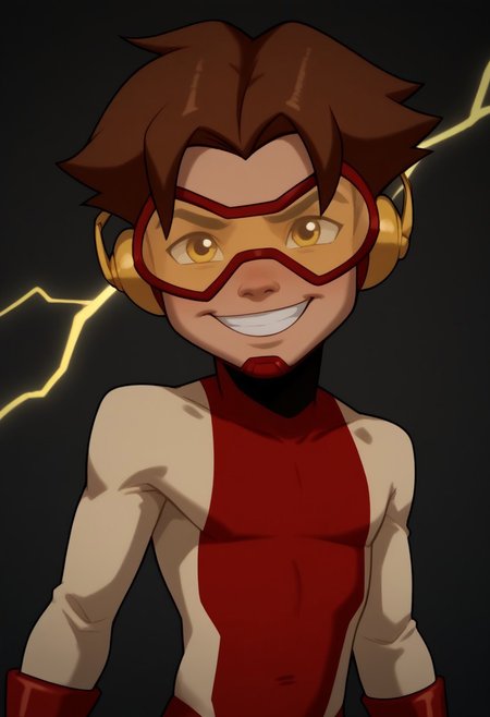 score_9, score_8_up, score_7_up, CuteCartoonStyle, petite, shortstack, highly detailed, cute boy, 1boy, solo,  Impulseyj, red framed goggles yellow lenz, red and white bodysuit, brown hair, skinny, lean body, red gloves, big smile, dominating pose,  yellow lightning