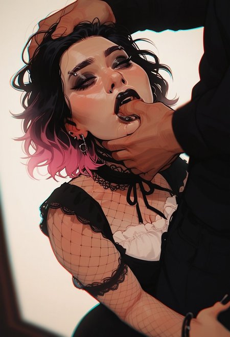 score_9, score_8_up, score_8_up, 1 latina girl, depth of field, raw, focus on throat, (hand around throat), bokeh effect, close up shot, intimate shot, posing, arched back, cute adorable goth girl, pastel hair, nsfw, lace, large natural breasts, fishnet, thick thighs, narrow waist, big natural breasts, cotton clothes, view from above, (grab her throat), (male out of frame)