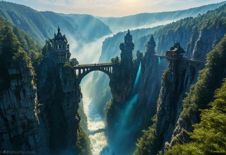 towers ringed in mist, sunrays, mixed media, surrealism, fantasy, great lighting, A surreal landscape highly detailed, extremely high-resolution details, appears trapped in an optical illusion of reflections and refractions colorful, Zhangjiajie mountains,  Vienna in contemporary Austria, stone bridges, winding rivers extending to the horizon, professional photography, natural lighting, volumetric lighting maximalist. vivid, vibrant colors, intricately detailed, complex, elegant, expansive, fantastical, film photography style, medium grain, cmnt
 (8k uhd:1,4)