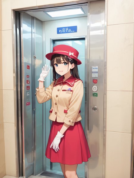 score_9, score_8_up, score_7_up,source_anime, high res image,masterpiece,best quality,girl,cute face,clear skin,shiny hair,ultra detailed eyes,simple background , <lora:elevator girl_pony_V1.0:1> elevator girl, elevator,door,hat, gloves, skirt,  jacket