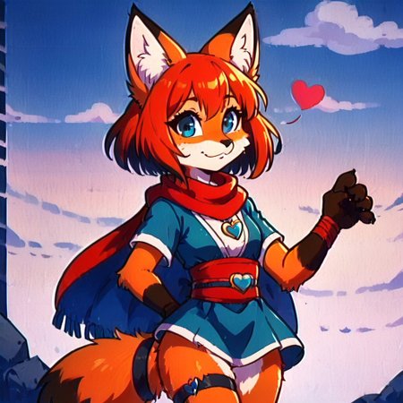 sfxm, anthro, female furry, fox, fox tail, fox ears, body fur, fluffy, paws, scarf, heart-shaped pendant, leg wrap, bandages, looking at viewer, cute style, dic style, super show, smbss style, vintage, cartoon