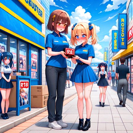 absurdres, explicit, blockbuster, storefront, huge box, R18 dvd case, holding, 2girls, a petite female, shy, blush, unhappy, angry, sweat, breasts, parted lips, twintails, short dress, a tall female, pants, employee uniform, height difference, glass wall, full body, road, shoes, signboard, R18 text poster, street, crowd, people, 6+girls, 6+boys, outdoor, sky, cloudy sky, looking down,<lora:girllikeblockbuster_ilxl:1>