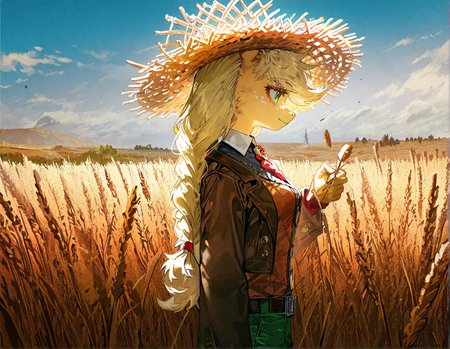 applejack , 1girl, blonde_hair , cloud ,colored_skin, furry, furry_female, long_hair,orange_skin ,outdoors, personification , solo, , wheat_field,Straw ,dot_nose, freckles, green_eyes , medium breast,
green_pants, jacket,long_hair, official_alternate_costume, open_jacket, pants, single_braid, yellow_shirt,adapted_costume , braid ,brooch ,brown_belt, brown_hat, brown_jacket, buttons, cowboy_hat ,detached_collar, knee_boots,  windy, holding own hat, from side, smile , looking at viewer,
rella, rolua,  quasarcake:0.8, negative space,  very awa,
masterpiece, best quality, Good quality, very aesthetic, absurdres, newest, (Perfect details),
<lora:ponyv5_noobV065S_1_adamW:0.8>, <lora:illustrious_noobai_epsilon_pred_1_best_quality_v1:0.7> ,<lora:illustrious_noobai_epsilon_pred_11_very_aesthetic_v1:0.7> ,<lora:illustrious_noobai_epsilon_pred_1_masterpieces_v1:0.7> , <lora:Straw_thread:1>