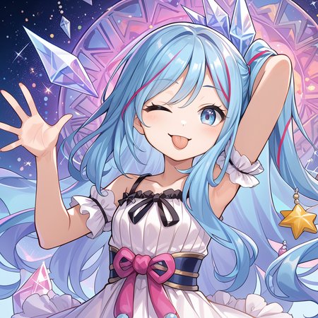 (score_9:0.9),score_8_up,score_7_up,rating_safe,anime style,(zPDXL),(zPDXL3),
<lora:Witchcrafter Madame Verre ponyXL v1:0.7>,witchcrafter madame verre, 1girl, one eye closed, tongue out, solo, looking at viewer, smile, arm behind head, > o, waving, ;q, one side up, open hand, upper body, portrait, crystal hair ornament, white sleeveless dress, official art