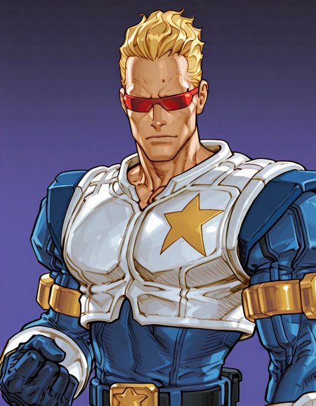 <lora:Captain_Commando_Illustrious:0.8>1boy, male focus, solo, blonde hair, red sunglasses, gloves, upper body, captain commando,   <lora:AKinuNishimura_Style:0.8> NishimuraXL,
