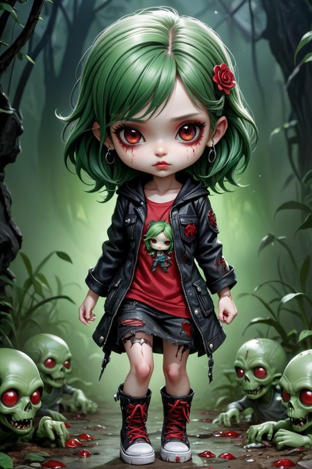 Zombie Chibi Girl, 
Red Eyes, 
Green colored skin,  wearing damaged clothes, 
Dark comic, 
by Anne Stokes
Jasmine Becket-Griffith
Todd Lockwood
Ross Tran
Julie Bell