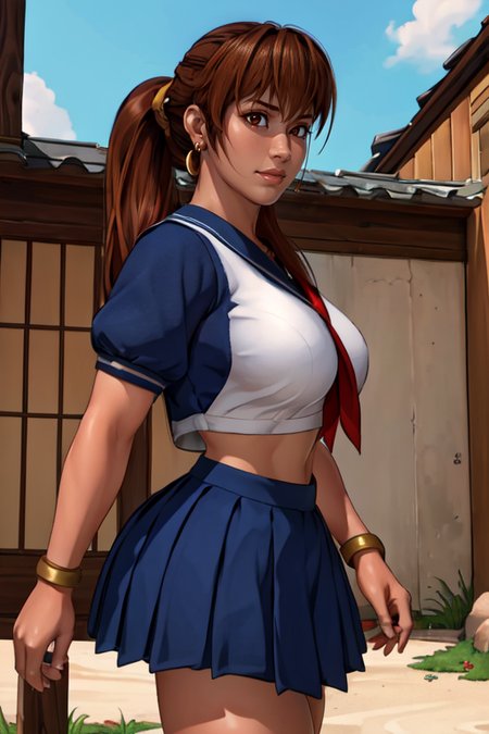 masterpiece,best quality,extreme detail,8k,<lora:kasumi-10:0.8>,kasumi2, 1girl, solo, long hair, brown hair, brown eyes, jewelry, school uniform, ponytail, earrings, sky, serafuku, day, realistic