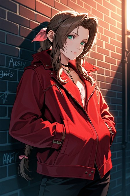 masterpiece, best quality, absurdres,
<lora:ILFF7Aerith:0.8>
FF7Aerith, 1girl, brown hair, green eyes, long hair, braided ponytail, looking at viewer, leaning against a brick wall, hands in jacket pockets, urban alleyway with graffiti art, moody lighting with shadows, edgy and modern vibe