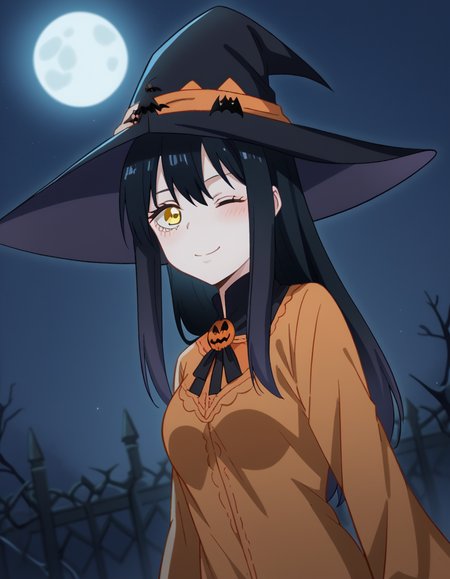 score_9, score_8_up, score_7_up, source_anime, <lora:miko-yotsuya-s1-ponyxl-lora-nochekaiser:1>, miko yotsuya, long hair, bangs, black hair, hair between eyes, yellow eyes, medium breasts,, <lora:witch-ponyxl-lora-nochekaiser:1>, witch, hat, witch hat, dress, halloween, halloween costume, jewelry,, night, moon, blush, smile, one eye closed,, , dutch angle, cowboy shot