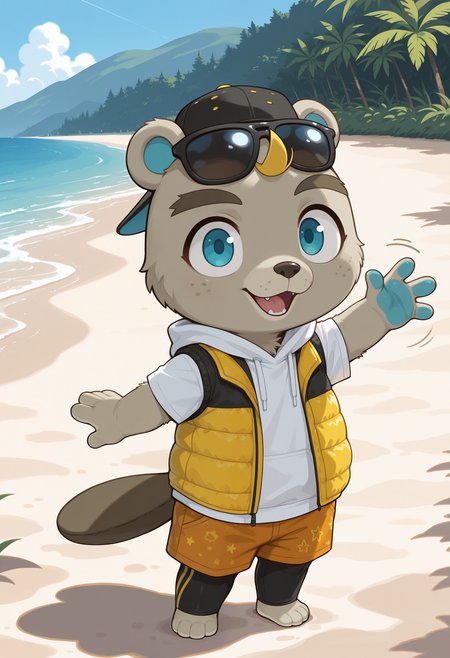 masterpiece,best quality,amazing quality, 1boy, solo, c33j4y, furry, black backwards hat, sunglasses, blue eyes, white hoodie, yellow open vest, orange shorts, black leggings, tail,  chibi, outdoors, beach, waving,