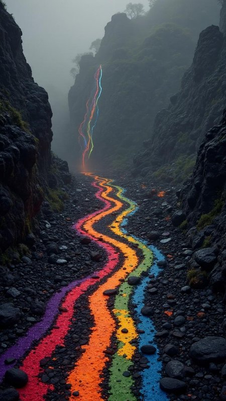 <lora:zavy-flrscnt-flx.safetensors:1> zavy-flrscnt,
The photograph depicts a strikingly colorful scene set amidst a misty backdrop, its bold stripes of red, orange, yellow, green, blue, and purple creating a whimsical gothic atmosphere. The composition expertly blends modernity and tradition with nature, resulting in a captivating visual juxtaposition.Reimagined mountain print features a possessed landscape: twisted highway, contorted faces, glowing symbols, and an eerie atmosphere of malevolent energy.