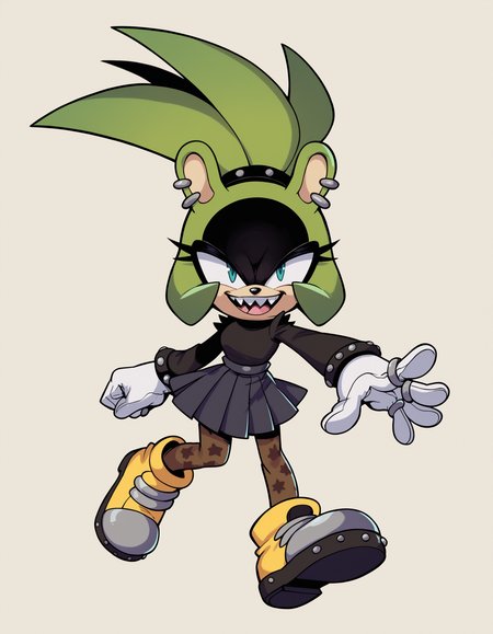 zPDXL, score_9, score_8_up, score_7_up, score_6_up, score_5_up, source_anime, 4k, absurdres, 1girl, solo,
sweater-and-pleated-skirt-set, ankle-boots, patterned-pantyhose, open mouth, smiling, sharp teeth, <lora:Surge_v1-3-15:0.8> surge the tenrec, aqua eyes, green fur, black fur, two-tone fur, hair up, black eyeshadow, white gloves, animal ears,