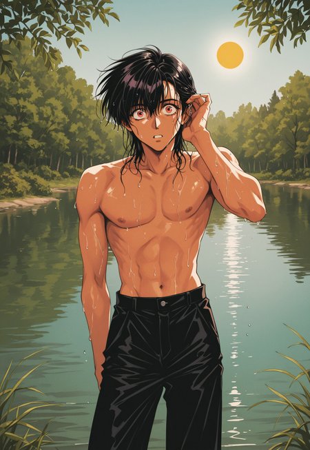 MinekuraStyle, official art, cover, 1990s style, retro artstyle, film grain, BREAK
1boy, topless male, wet skin, wet hair, standing, lake, black pants, tucking hair, black hair, surprised, looking at viewer, red eyes, day, sun, tree
