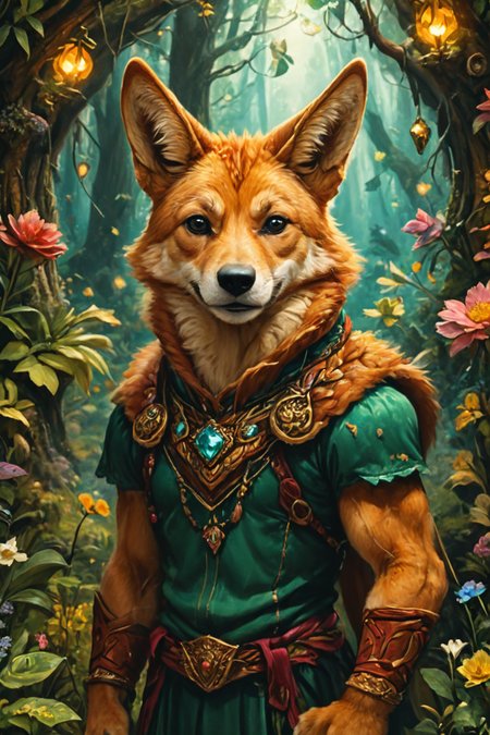 Detailed digital portrait of an anthro Dingo at a Enchanted forest with glowing flora, <lora:xl_more_art-full_v1:0.5>,  <lora:The_Crazy_Style:0.7> <lora:anthro_muscular:0.7>
