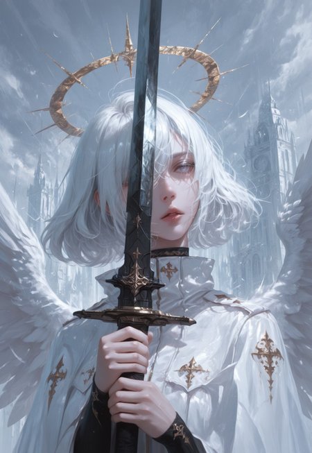 aetrns2, weapon, solo, sword, 1girl, white hair, holding, holding weapon, halo, holding sword, wings, upper body, angel, short hair, lips
