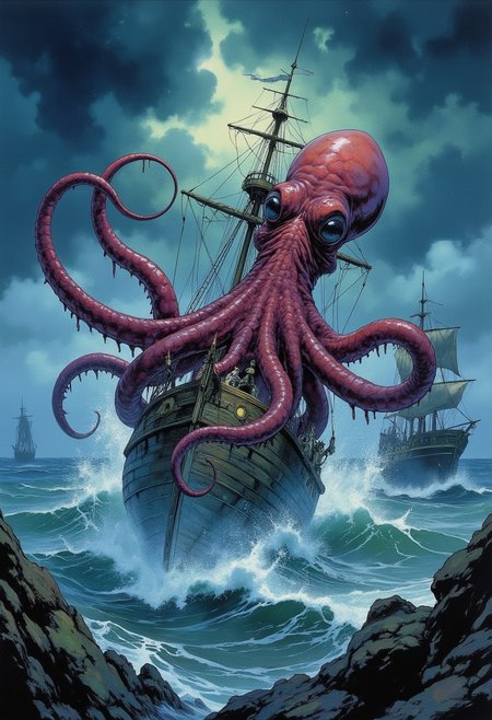 Comic book style 8k high quality digital painting , masterpiece, very detailed, ultra realistic, (best quality) very detailed epic masterpiece, a sailing ship on a stormy ocean is being attacked by a giant squid emerging from the water, tentacles winding around the ship, big waves, dramatic dark sky, action, scary, best quality, epic scene,  Dungeons and dragons atmosphere, heroic fantasy, fna_style, Comic book style