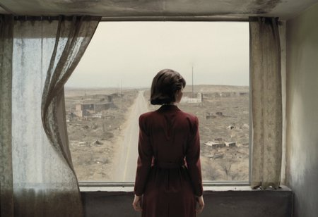 shot from behind of a woman looking out of window, throw a curtain, destroyed world in the window, fine details, uncanny, lynch style <lora:lynchstyle_v0.0.3:1.3>