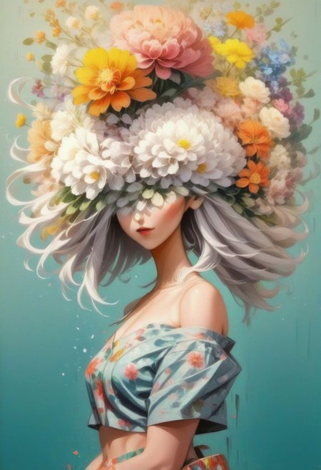 Beautiful woman, full body view, mini skirt, flowerhead, white hair, lot of flower on the head, aesthetic, water, goldfish, speed art, oil painting, colorful flowers