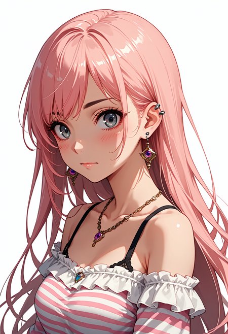 artist:, PonyScores7, source_anime, very aesthetic, anime screencap, anime coloring, dynamic view, 1girl, pink hair, solo, striped clothes, jewelry, earrings, long hair, bare shoulders, striped shirt, simple background, white background, striped sleeves, upper body, shirt, piercing, breasts, necklace, artist name, collarbone, ear piercing, closed mouth, blush, grey eyes, off shoulder, long sleeves, signature, from side, eye_focus, looking_at_viewer, beautiful, detailed background, perfect eyes, perfect hands, detailed hands, masterpiece, best quality, good quality, newest, very awa, 
 <lora:zy_Detailed_Backgrounds_v1:1.5> <lora:StS_PonyXL_Detail_Slider_v1.4_iteration_3:2>  <lora:Eyes_Lora_Pony_Perfect_eyes:1>  <lora:Expressive_H:1>