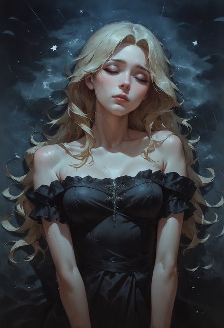 score_9, score_8_up, score_7_up,  1girl wearing a black dress, perfect curves, strapless, suggestive pose, romantic, solo, eyes closed, looking at viewer,  beautiful, looking at viewer, sad expression, medium breasts, fantasy, from front, rain, romantic, night, starry sky, (blonde hair, mid parted hair, straight hair, long hair:1.2), pronounced blush, d4rk01l   <lora:sdxl\Concept Art Twilight Style SDXL_LoRA_Pony Diffusion V6 XL:0.8> <lora:sdxl\vixon_pony_oil:0.7>
