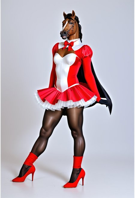Furry, equine, daddy, tall, effeminate, sissy, discrete bulge, crinoline, ballet, gold, tutu, crossdresser, transvestite, pantyhose, petticoats, graceful, sensual, pretty, delicate, cute, brown, pleated skirt, leotard, long-sleeve bodysuit, satin cape, knee-high flat-heeled riding boots, full body, no background, smiling, traditional, HD, hyper realistic, Ue5