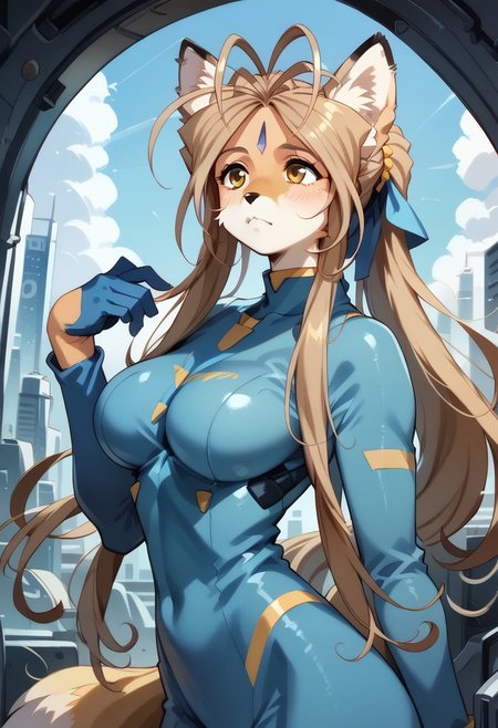 Expressiveh, negative_hand, score_9, score_8_up, score_7_up, belldandy as an (anthro fox),long oval face, short snout, two toned fur, large fox ears, fox tail, animal nose, yellow fur, white facial fur, tan hair, long hair, parted bangs, gold eyes, white triangle forehead gem, large breasts, skintight bodysuit, futuristic bodysuit, standing at attention,