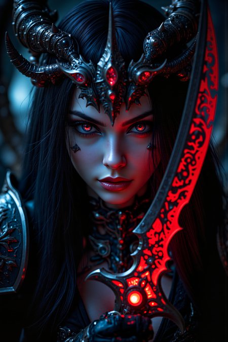 A hyper-realistic portrait, photorealistic photo close-up image of A close-up portrait of a young female Dark Eldar Succubus with long, sleek black hair and smooth, pale blue skin. Her piercing, violet eyes are narrowed as she grasps a glowing, crimson blade that seems to pulse with a life of its own. Sheâs in the middle of a dark, twisted arena deep within Commorragh, the air thick with the scent of blood and the sounds of distant screams. Her lithe, armored form is adorned with spikes and barbs, each piece of her blood-red armor designed to instill fear and pain. A strange, spiked headpiece made of dark metal encircles her head, framing her face with a sinister elegance. The blade in her hand vibrates with dark energy, its surface covered in shifting, runic symbols that glow faintly in the dim light. She holds the blade close to her face, her lips curling into a predatory smile as the weapon hums with anticipation. The arena around her seems to pulse in time with the bladeâs energy, as if the entire place is alive with the dark power of the weapon. Her gaze is fixed on the blade, her eyes reflecting its crimson glow as she prepares to unleash its deadly power. (photography, high-resolution, dynamic, energetic,hyper-realistic, dramatic lighting, shallow depth of field.), detailmaximizer, MythP0rt<lora:midjourney_whisper_flux_lora_v01:0.55><lora:aidmaMJ6.1-FLUX-V0.1:0.4><lora:FluxMythP0rtr4itStyle:0.4><lora:detailed_flux_ntc:2.2><lora:aidmaImageUpgrader-FLUX-V0.1:0.65>