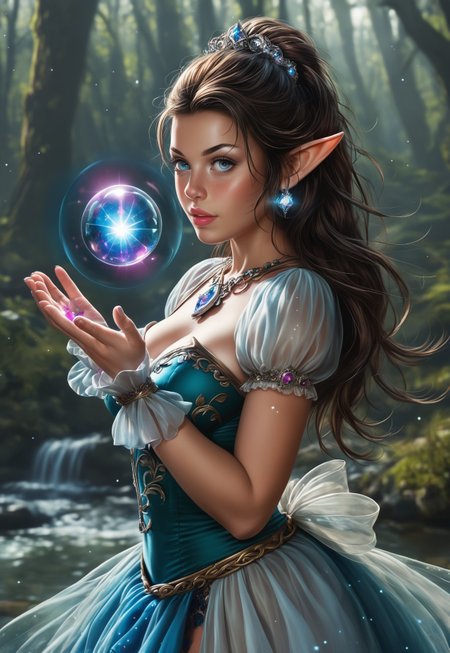 RAW photo, Hyper realistic, realistic photo, masterpiece, stunning, best quality, expression, a highly detailed, young beauty woman, ((style fantasy elf)), ethereal gown with flowing fabric, curvy body, highly detailed, brunette, dynamic angle, ultraHD
dynamic pose
BREAK
(((full-clothed))), ((enchanted crystal orb in hands, glowing magic sphere in hands))
mystical forest background
 <lora:add-detail-xl:1>
 <lora:Dynamic Poses:1>
<lora:DandonFuga_Style_v.2_-_Pony:0.8> 