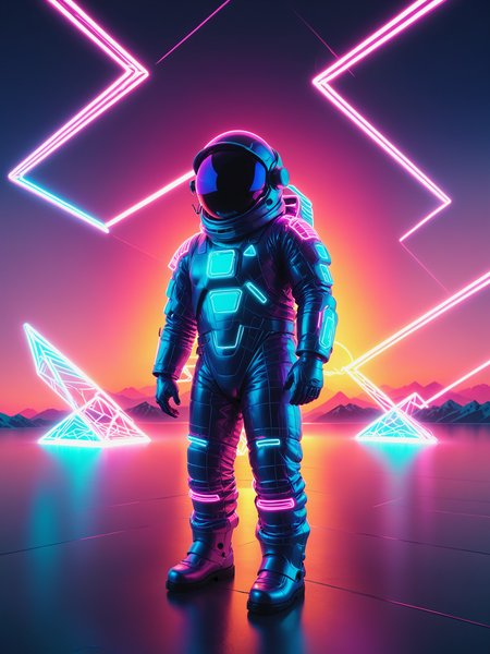 mad-vprwv astronaut floating space, sunset, neon, grid on spacesuit, geometric shapes, outline, vaporwave  <lora:Neon_Cyberpunk_Vaporwave_SDXL:1.2>, (masterpiece:1.2), best quality