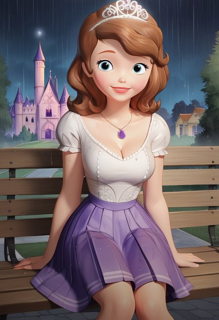 score_up_8, score_up_9, 1girl, white blouse,lace blouse, violet skirt, miniskirt, pleated skirt,sofia_the_first, tiara necklace, brown hair, medium breasts, background near castle,rain, night sky, at park, sitting on bench, looking at viewer, huge cleavage, wet dress, seducatuve smile, provocative pose,